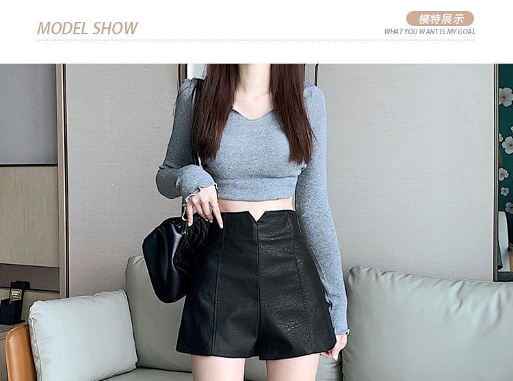 High Waist Plain Faux Leather Wide Leg Shorts Product Image