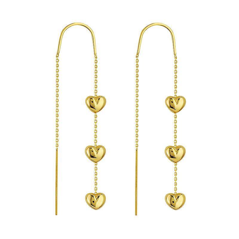 14k Gold Triple Puffed Heart Threader Earrings, Womens, Yellow Product Image