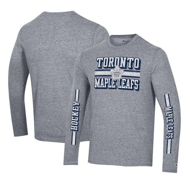 Mens Champion Heather Gray Toronto Maple Leafs Tri-Blend Dual-Stripe Long Sleeve T-Shirt Product Image