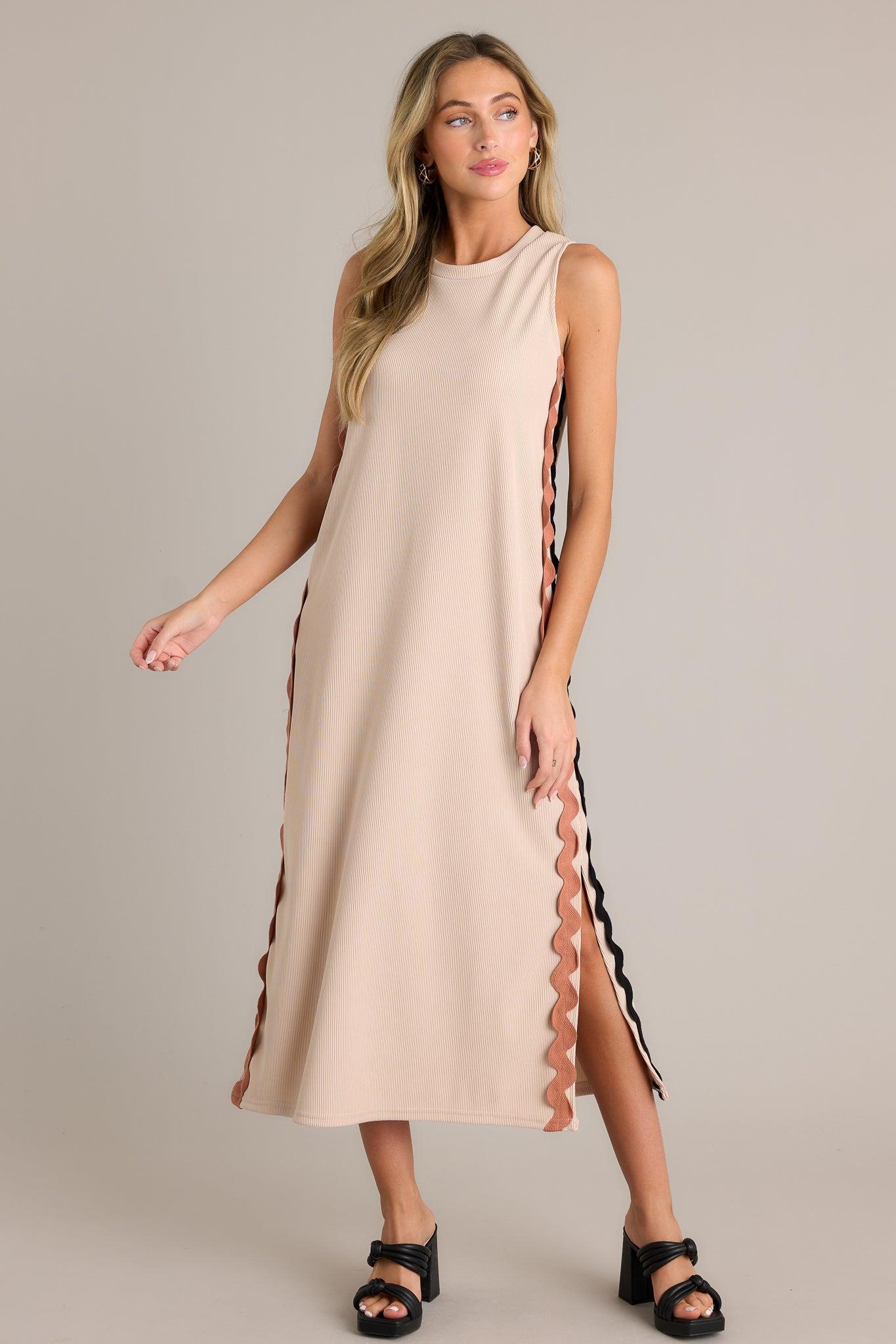 Radiant Glow Taupe Ricrac Midi Dress Product Image