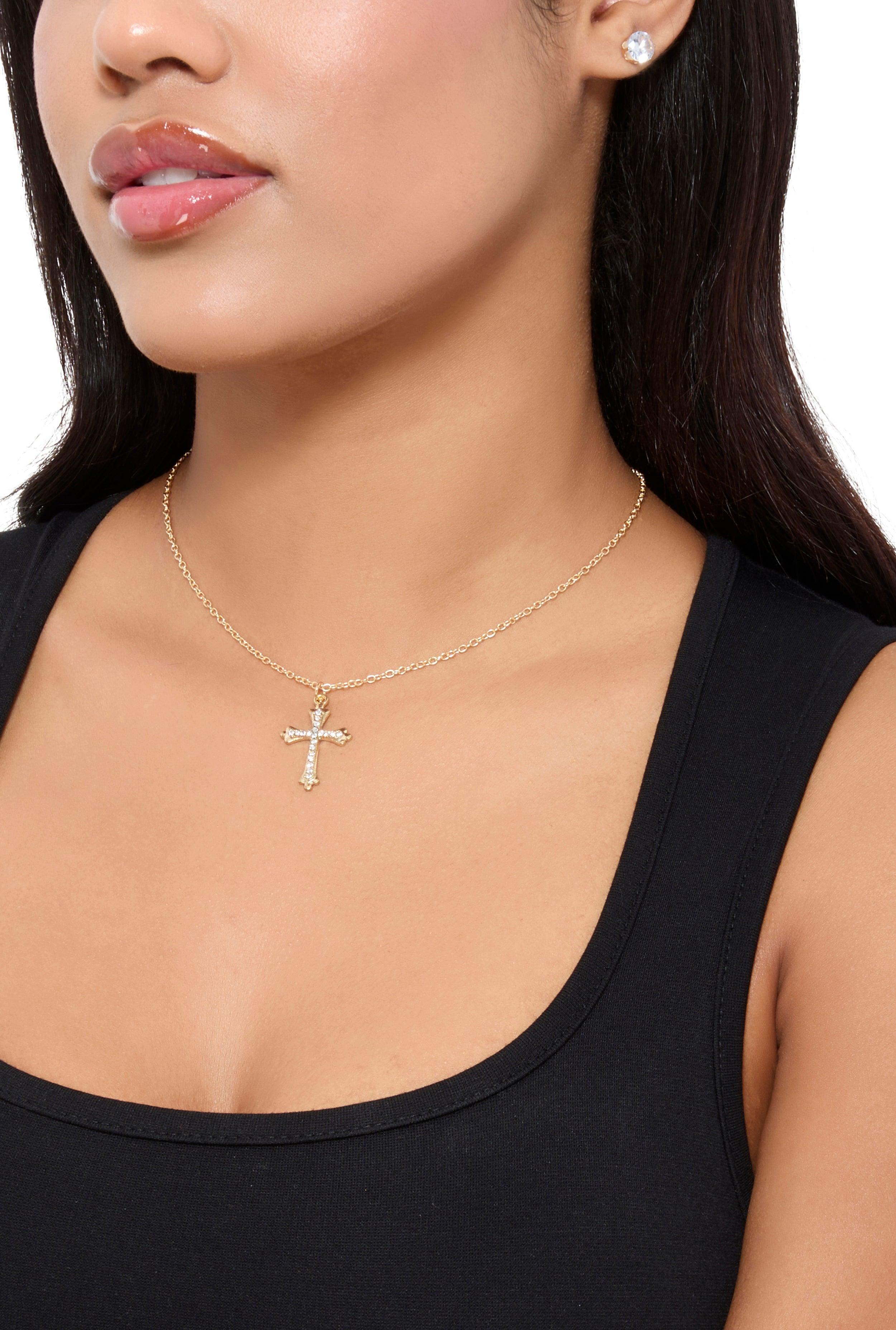 Cross Pendant Chain Necklace and Cubic Zirconia Stud Earrings Female Product Image