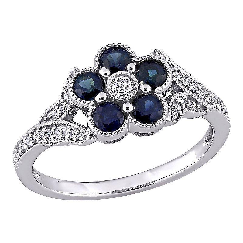 Stella Grace 10K White Gold Sapphire & 1/6 Carat T.W. Diamond Flower Ring, Womens Blue Product Image