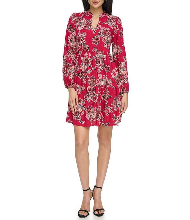 Jessica Howard Petite Size Floral Print Long Sleeve V-Neck Printed Tiered Dress Product Image