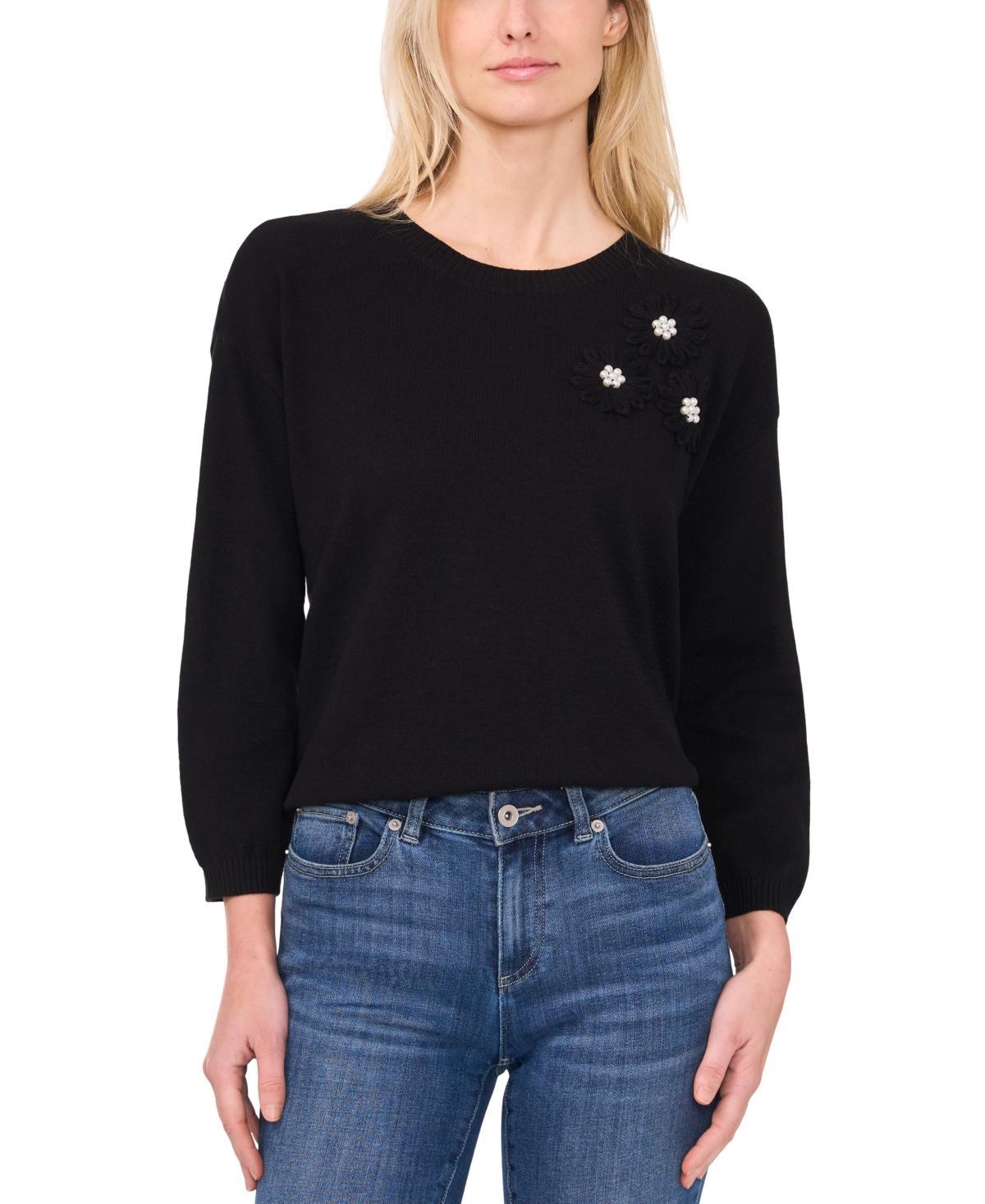 CeCe Womens Embellished Embroidered 3/4-Sleeve Sweater Product Image