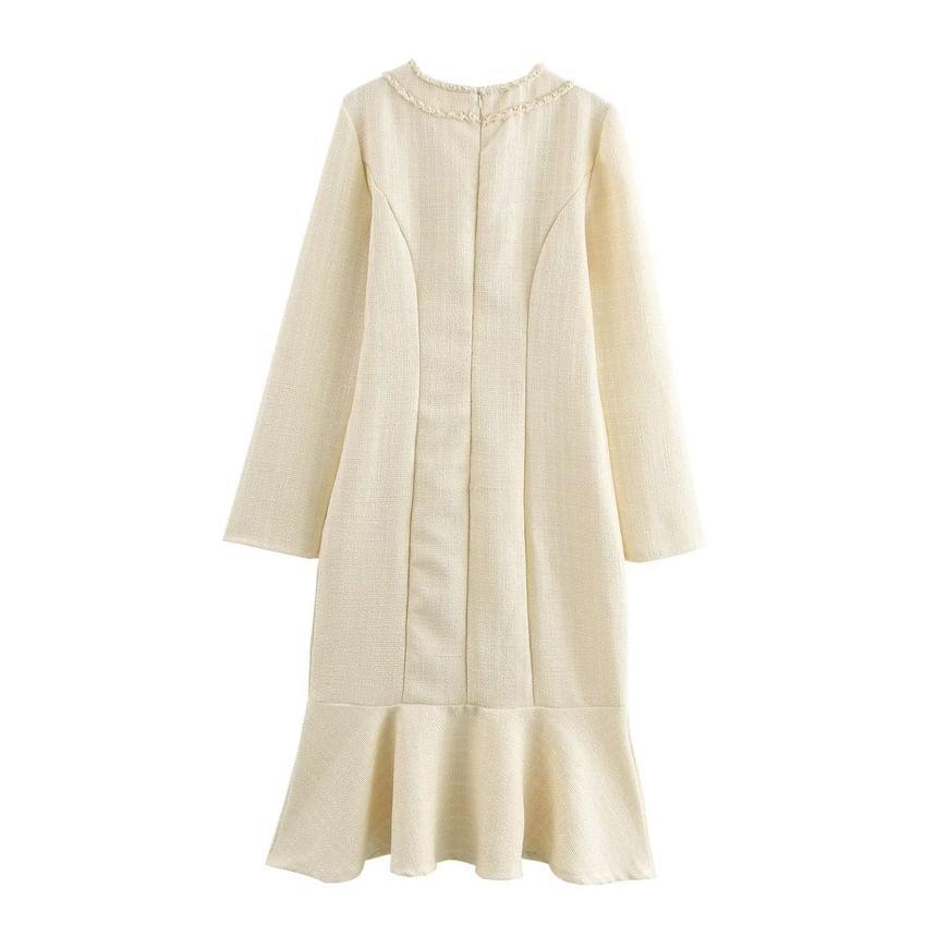 Long-Sleeve Round Neck Plain Fringed Button Midi Mermaid Dress Product Image