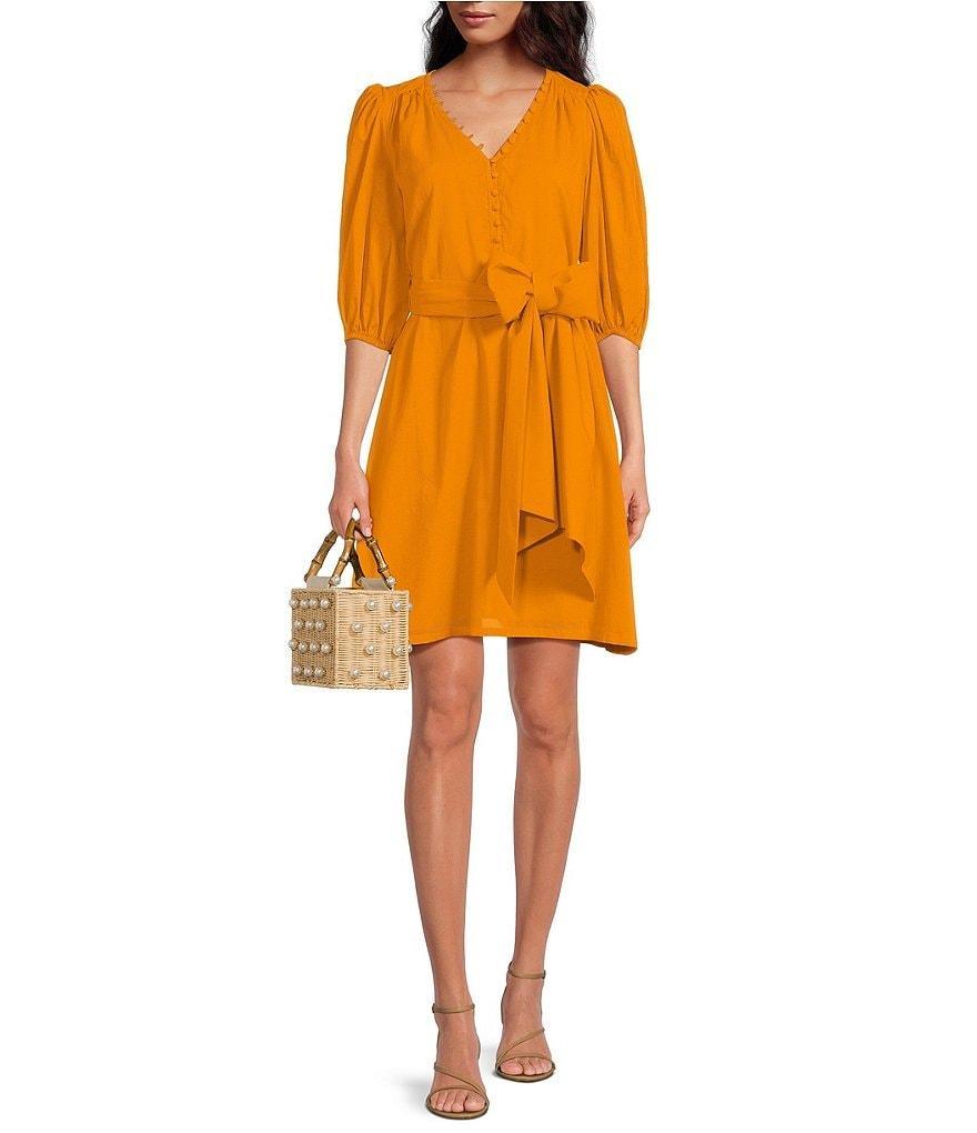 Trina Turk Malina V-Neck Side Pocket Short Puff Sleeve Belted A-Line Dress Product Image