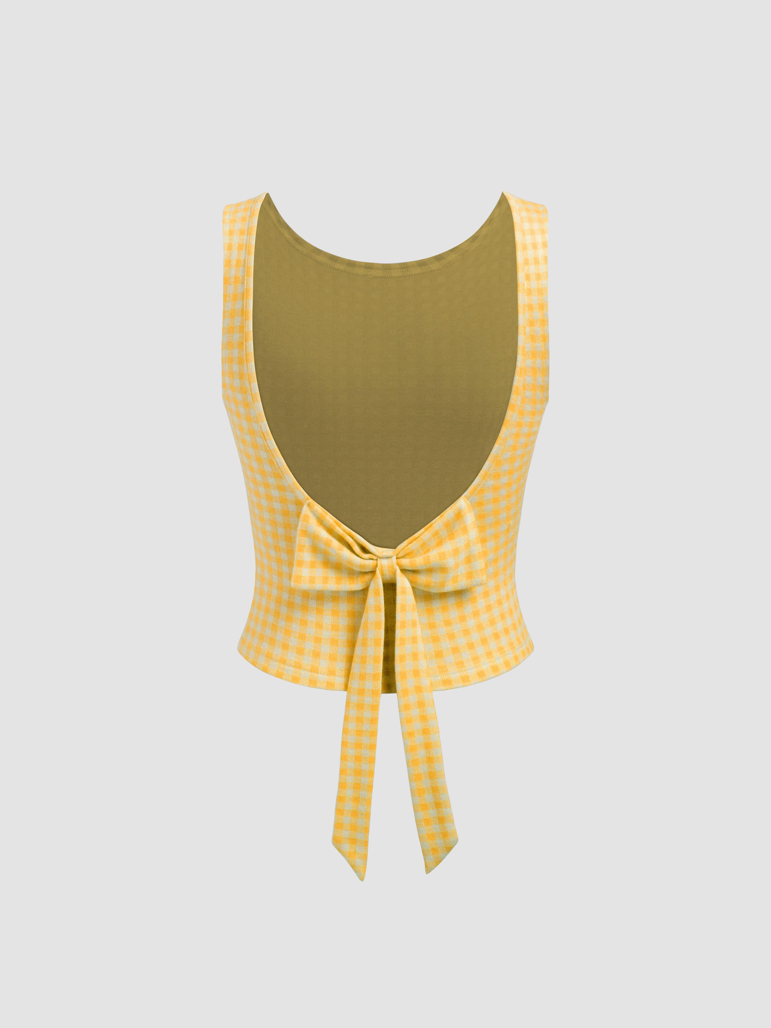 Boat Neck Gingham Bowknot Backless Crop Tank Top Product Image