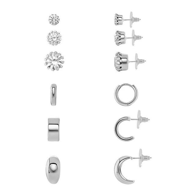 Emberly Silver Tone Crystal Stud Earrings Trio & Polished Hoop Earrings Trio 6-pack Set, Womens, Grey Product Image