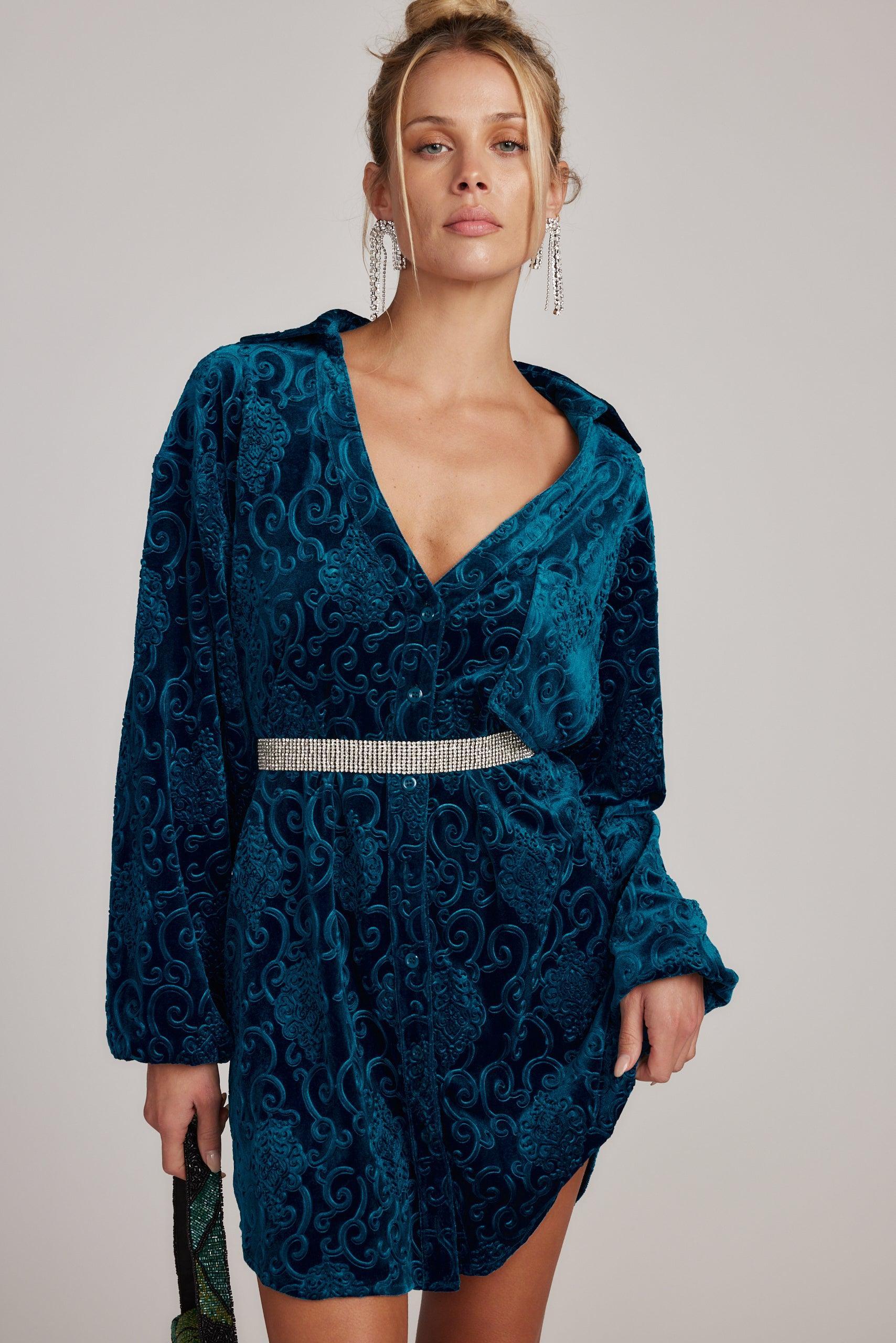 Kali Blue Long Sleeve Velvet Dress Product Image