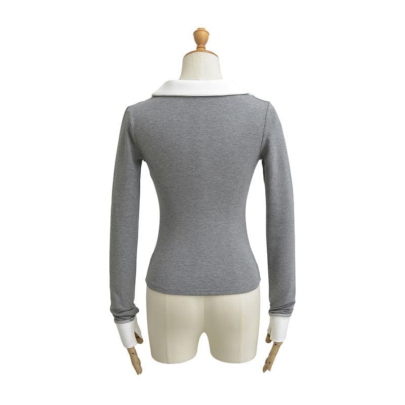 Long Sleeve V-Neck Contrast Trim Crop Polo Shirt Product Image