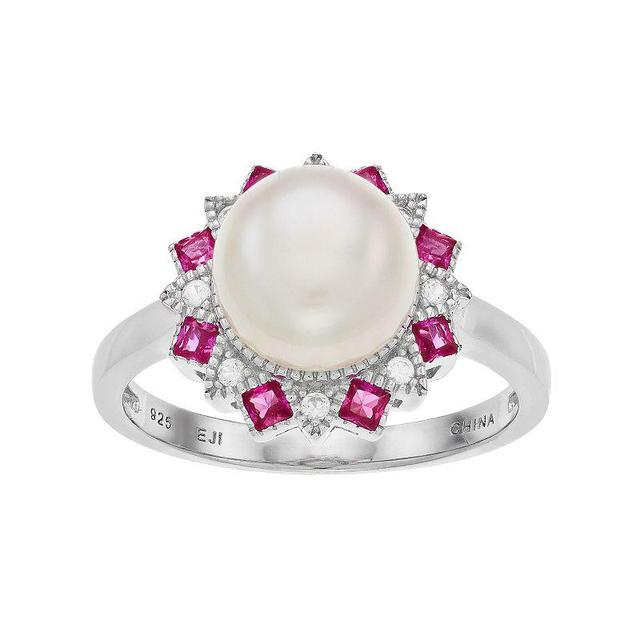 Sterling Silver Freshwater Cultured Pearl & Lab-Created Ruby Ring, Womens Product Image