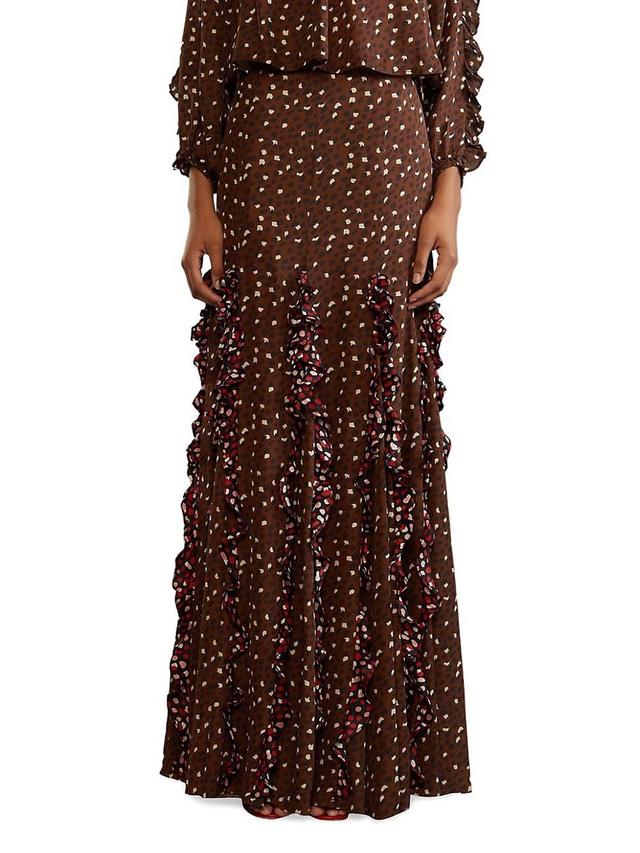 Womens Silk Cheetah Ruffled Maxi Skirt Product Image