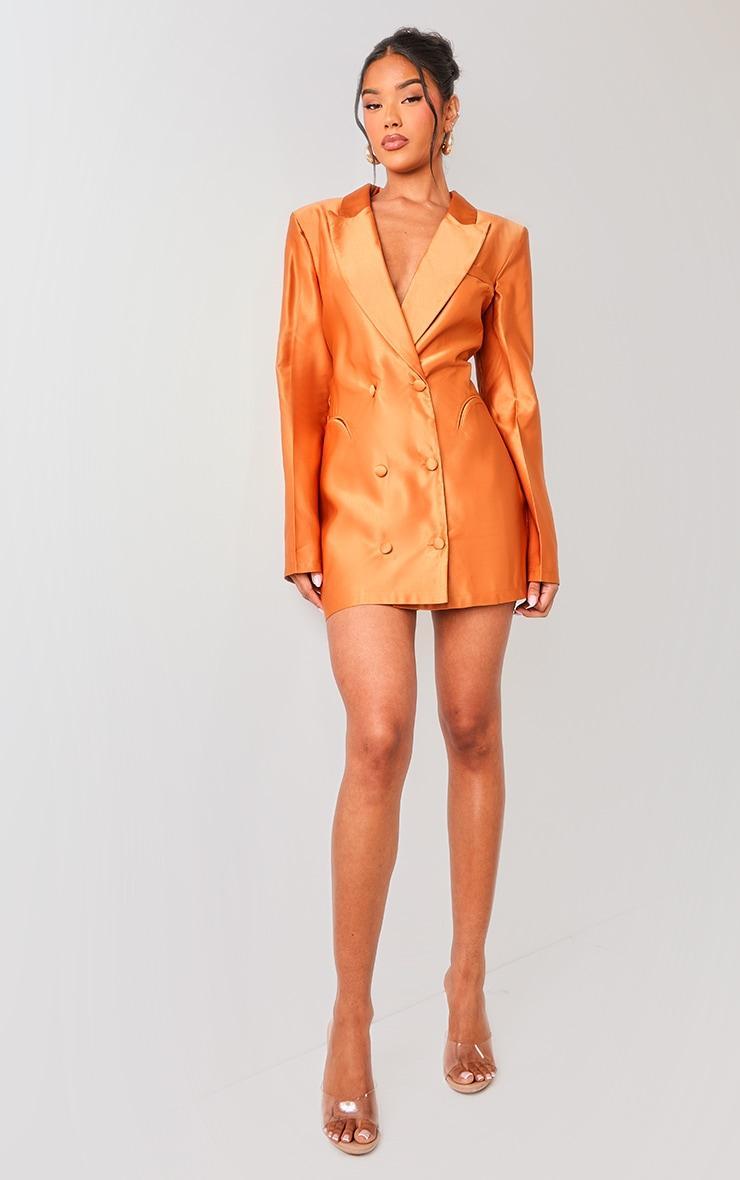 Rust Double Breasted Satin Tailored Blazer Dress Product Image