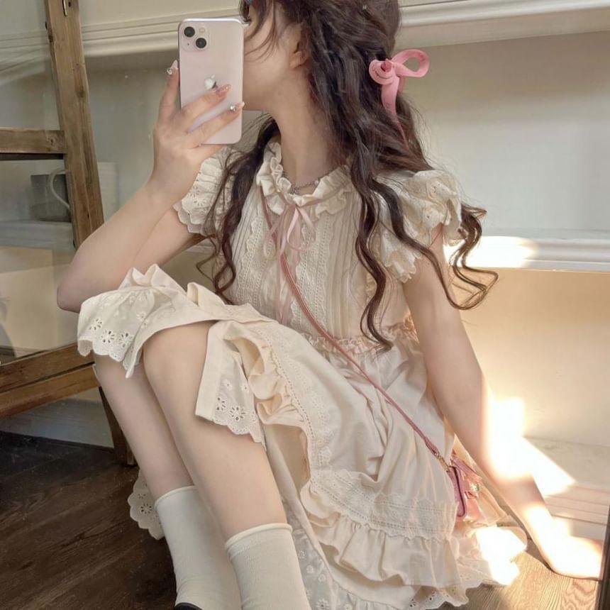 Ruffle Short-Sleeve Round Neck Eyelet Embroidery Mini A-Line Dress Product Image