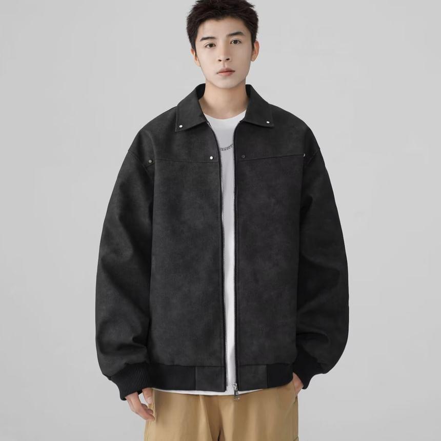 Collared Plain Zip Bomber Jacket Product Image