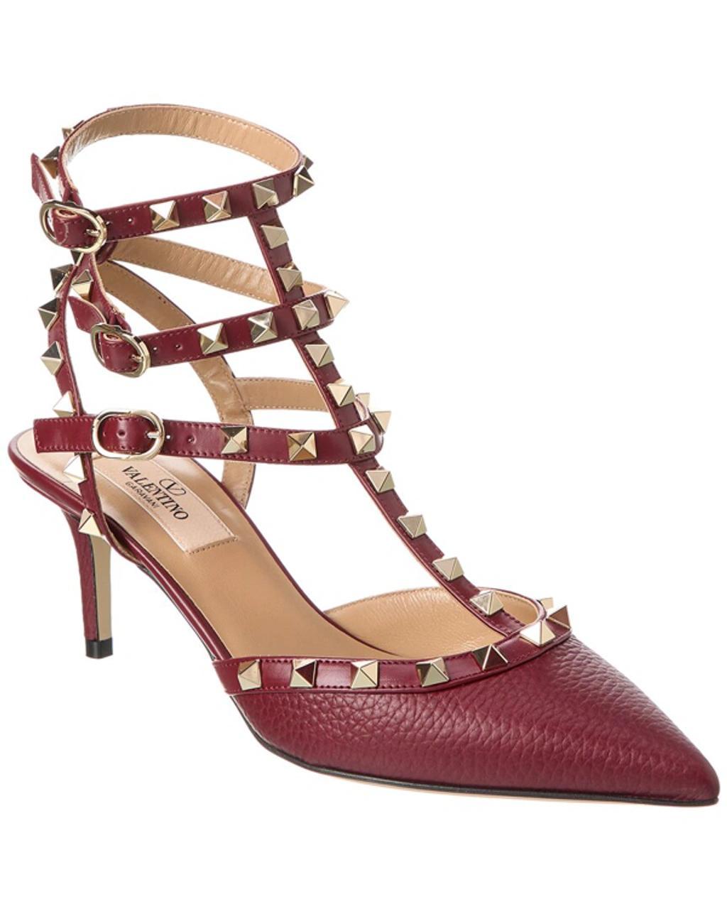 Rockstud Caged 65 Grainy Leather Ankle Strap Pump In Red Product Image