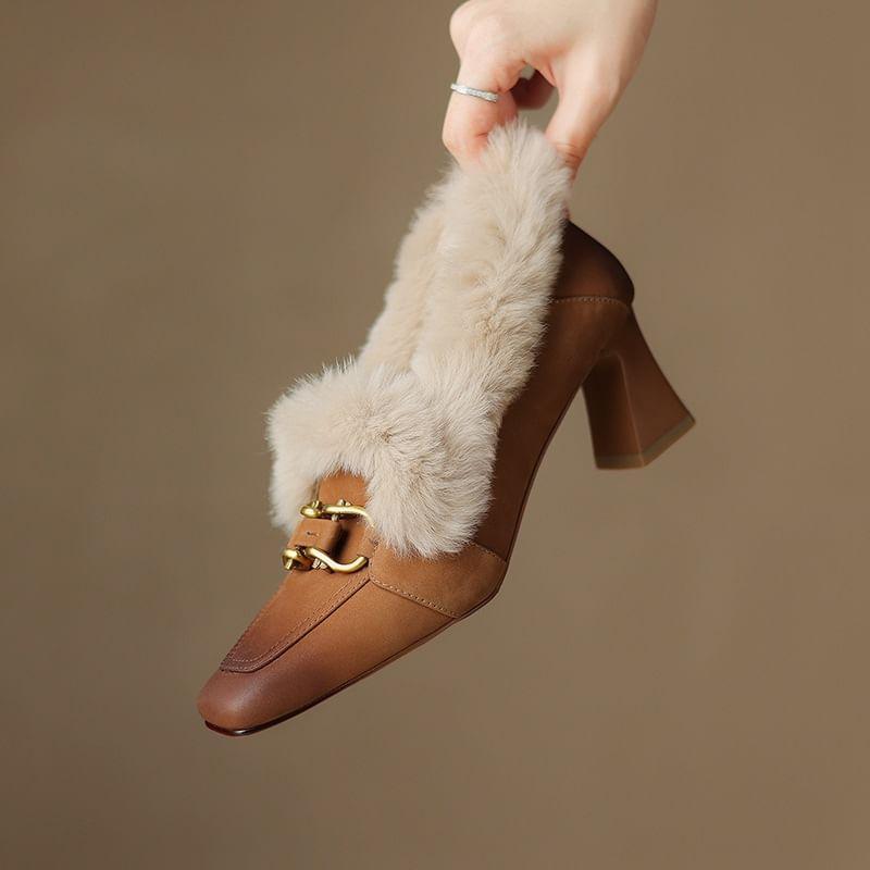 Square Toe Fluffy Trim Chunky Heel Loafers Product Image