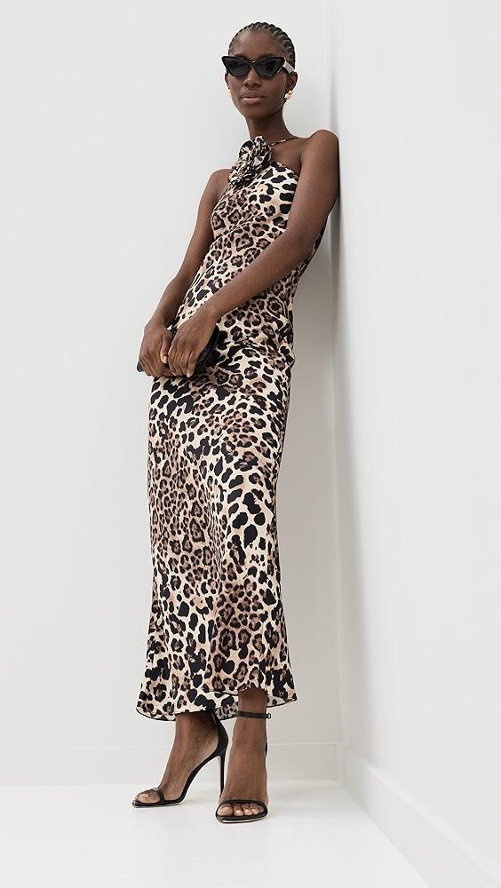 Rodarte Leopard Printed Silk Satin Bias Halter Gown with Silk Flower Pin | Shopbop Product Image