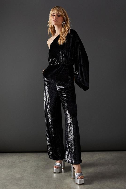 Metallic Texture One Shoulder Flared Sleeve Jumpsuit Product Image