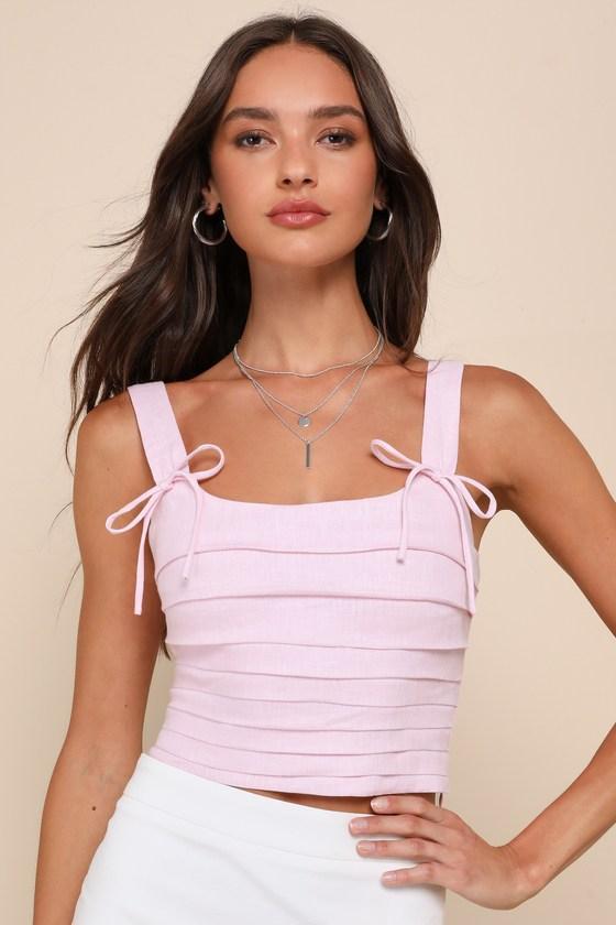 Trendsetting Essence Pink Linen Pleated Cropped Lace-Up Top Product Image