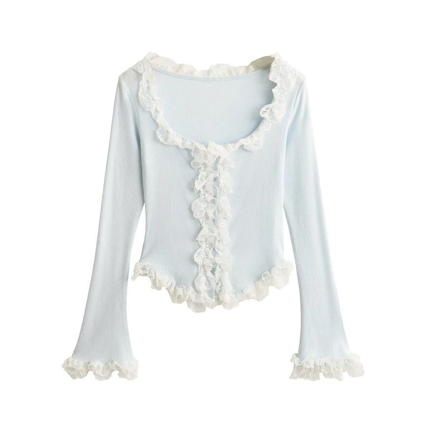 Long-Sleeve Scoop Neck Frill Trim Plain Top Product Image