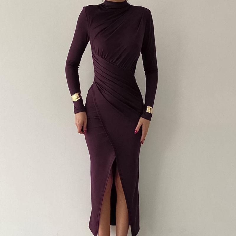 Long-Sleeve Mock Neck Plain Asymmetrical Slit Midi Sheath Dress Product Image