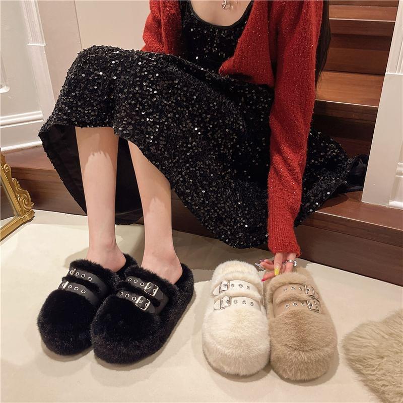 Platform Buckled Fluffy Slide Sandals Product Image