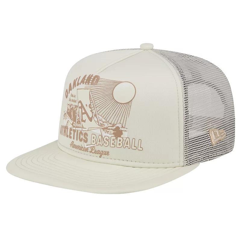 Mens New Era Khaki Oakland Athletics Almost Friday A-Frame 9FIFTY Trucker Snapback Hat Product Image