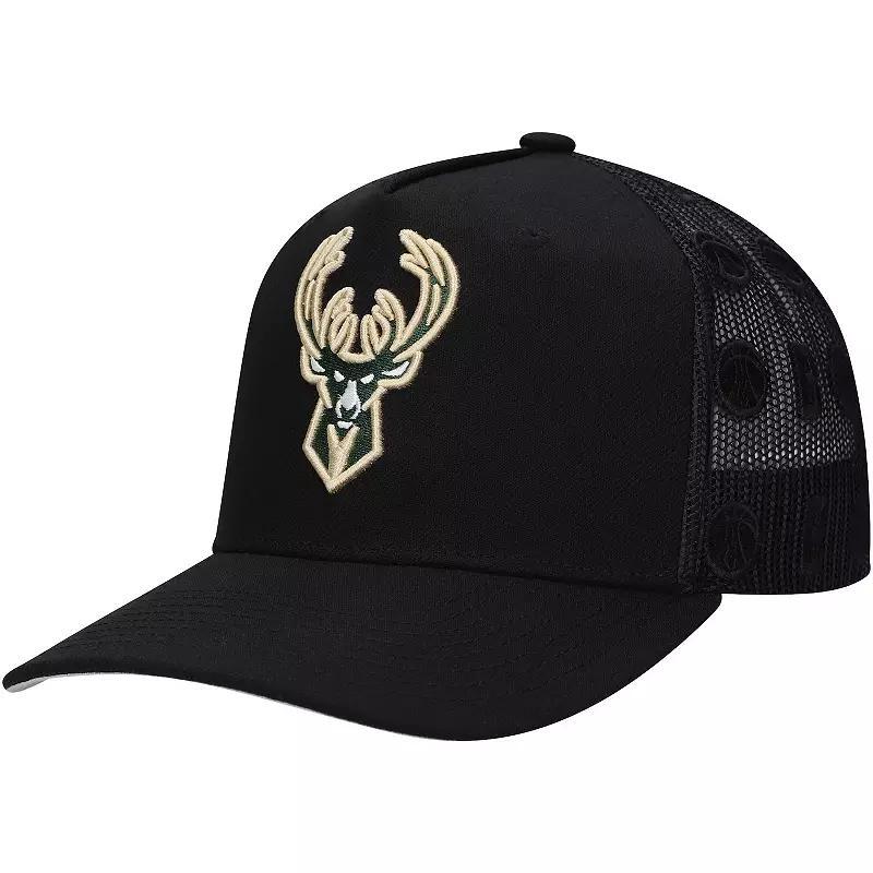 Mitchell & Ness Mens Black Milwaukee Bucks Monogram All-Over Logo Mesh Trucker Adjustable Hat Product Image