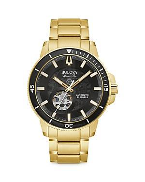 Men's Bulova Marine Star Gold-Tone Automatic Watch with Black Skeleton Dial (Model: 97A174) Product Image