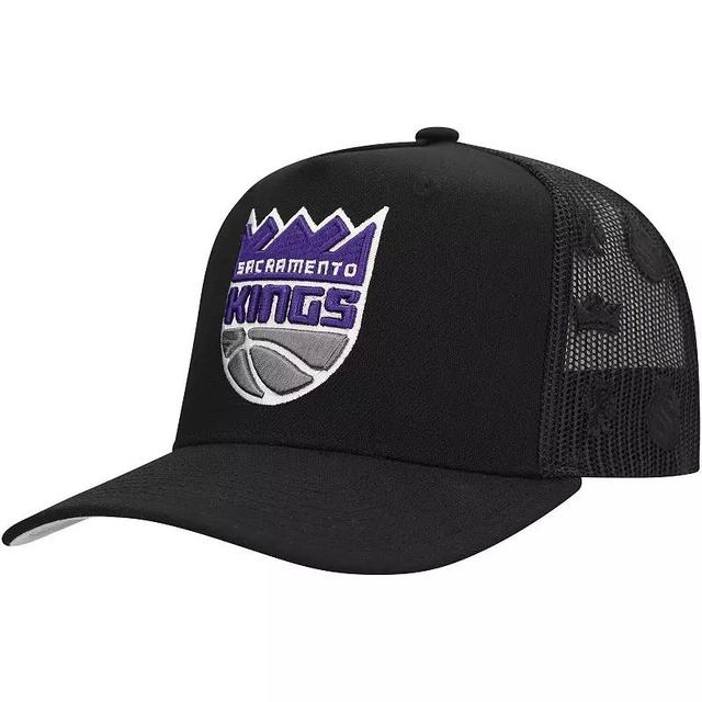 Mens Mitchell & Ness Black Sacramento Kings Monogram Allover Logo Mesh Trucker Adjustable Hat Product Image