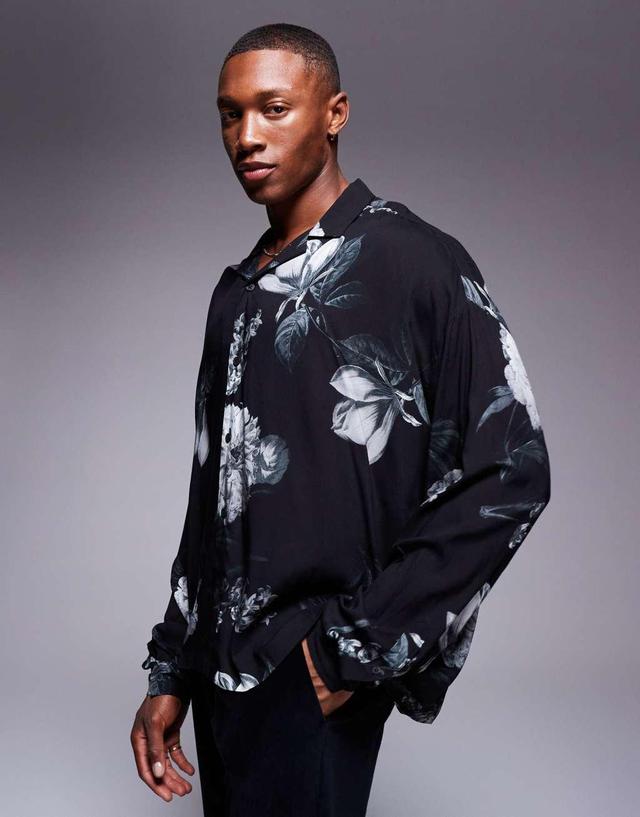 ASOS DESIGN boxy oversized shirt with floral print in black  Product Image