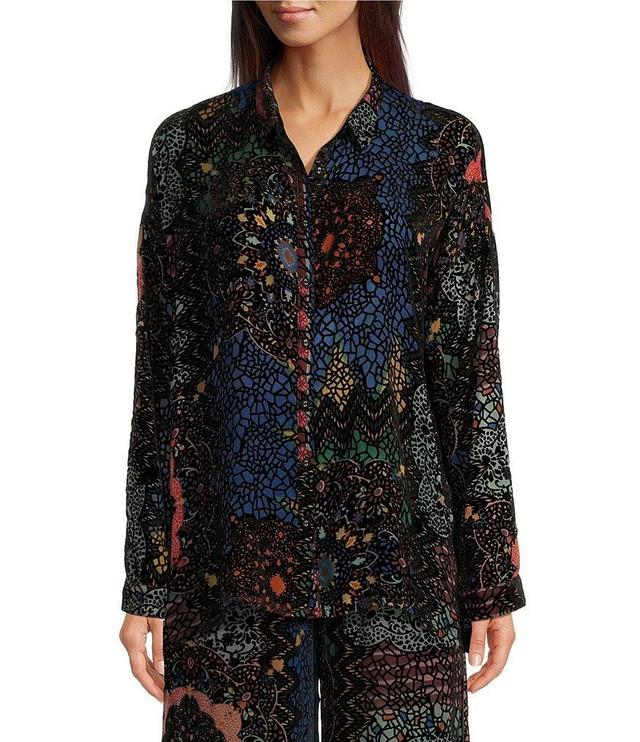 JOHNNY WAS Audrey Patchwork Print Burnout Velvet Point Collar Button Front Long Sleeve Blouse Product Image