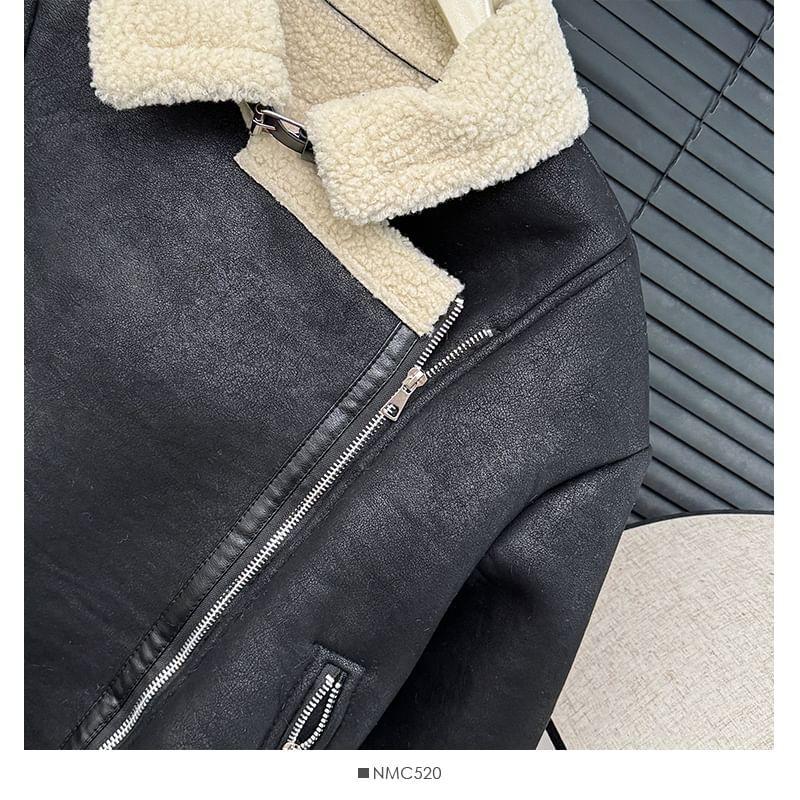 Fleece-Lined Faux-Suede Biker Jacket Product Image