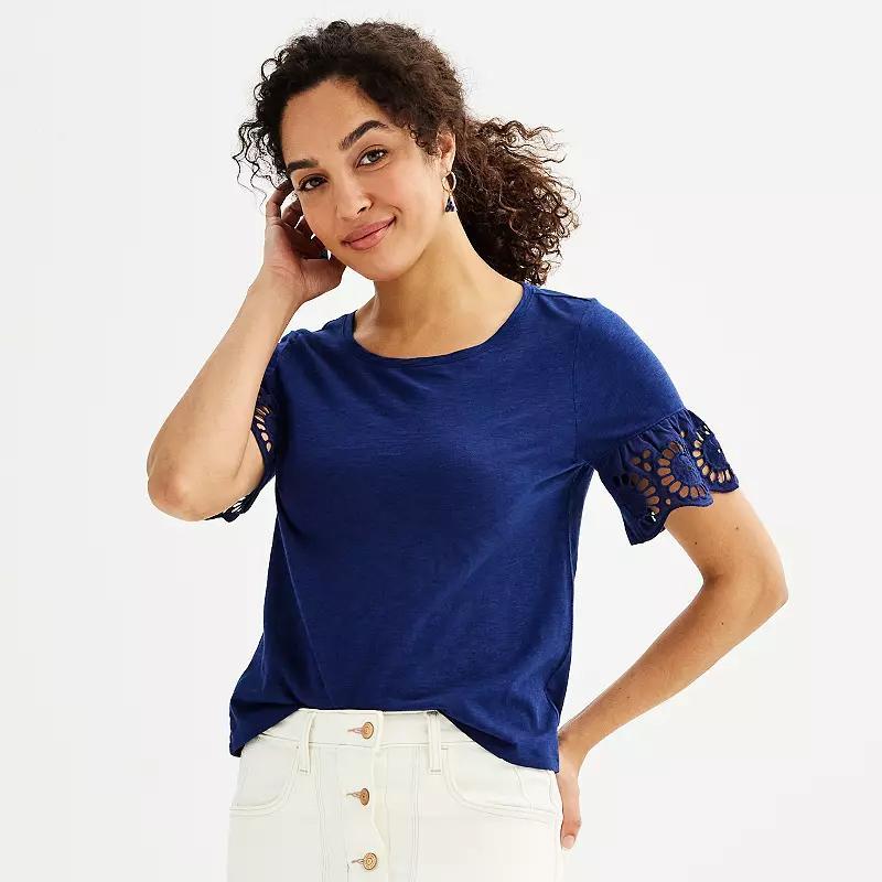 Petite Sonoma Goods For Life Eyelet Flutter Sleeve Crewneck Top, Womens Product Image