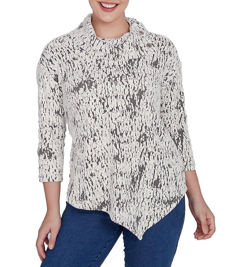 Ruby Rd. Knit Faux Fois Bois Print Split Cowl Neck 3/4 Sleeve Asymmetric Hem Sweater Product Image