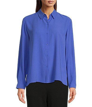 Eileen Fisher Silk Georgette Crepe Point Collar Long Sleeve Button Product Image