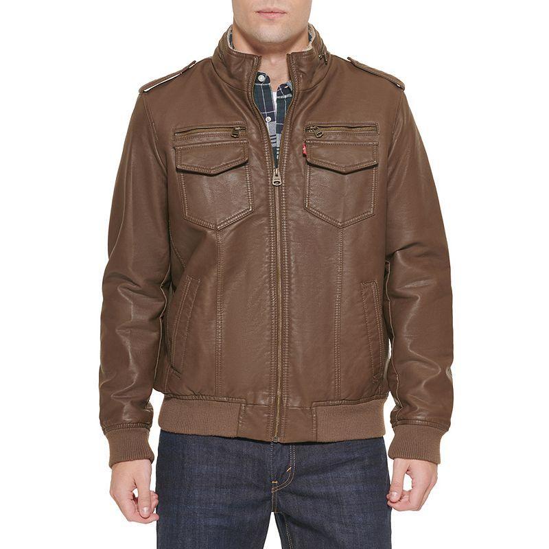 Mens Levis Faux-Leather Sherpa-Lined Aviator Bomber Jacket Beige Product Image