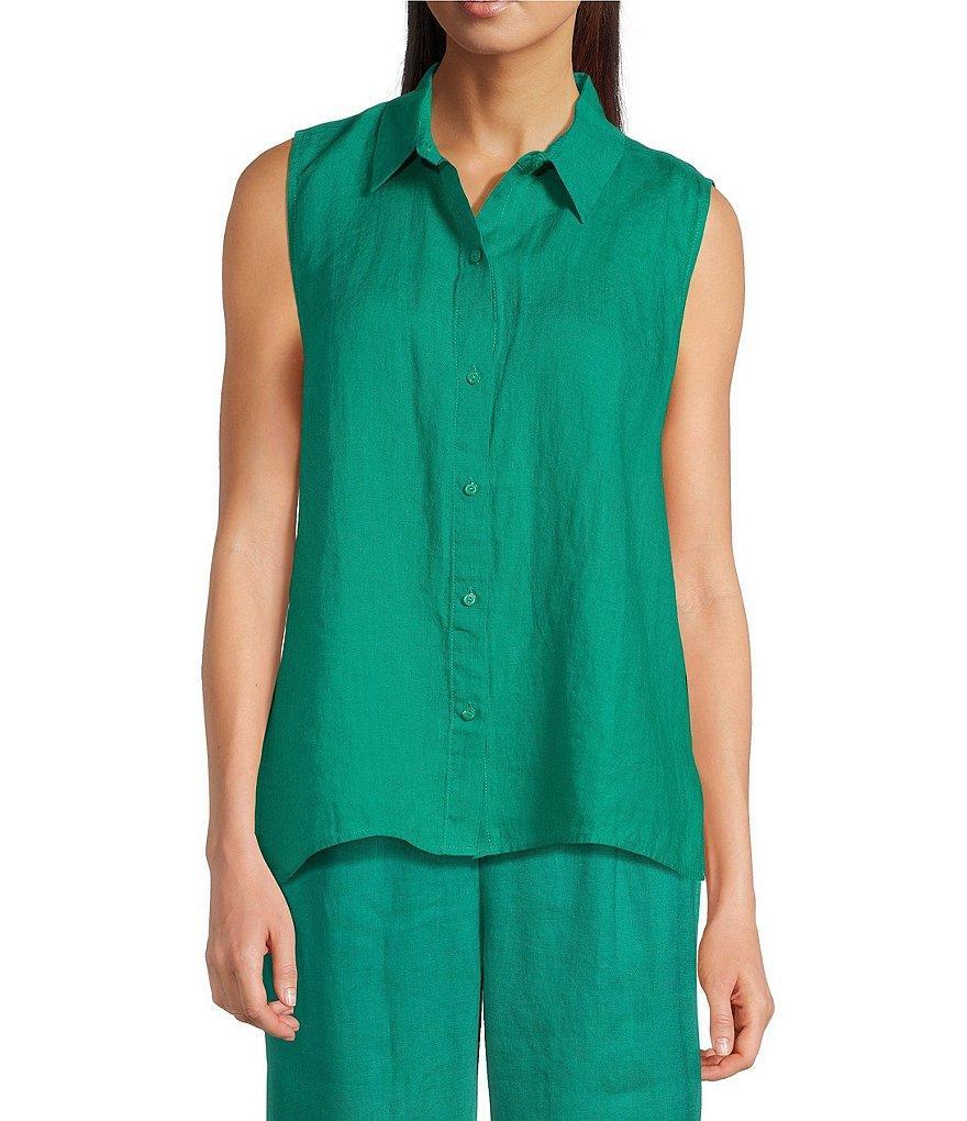 Eileen Fisher Organic Handkerchief Linen Point Collar Sleeveless Side Slit Button-Front Shirt product image