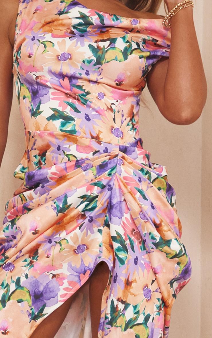 Multi Floral Print Satin Off The Shoulder Draped Skirt Midi Dress Product Image