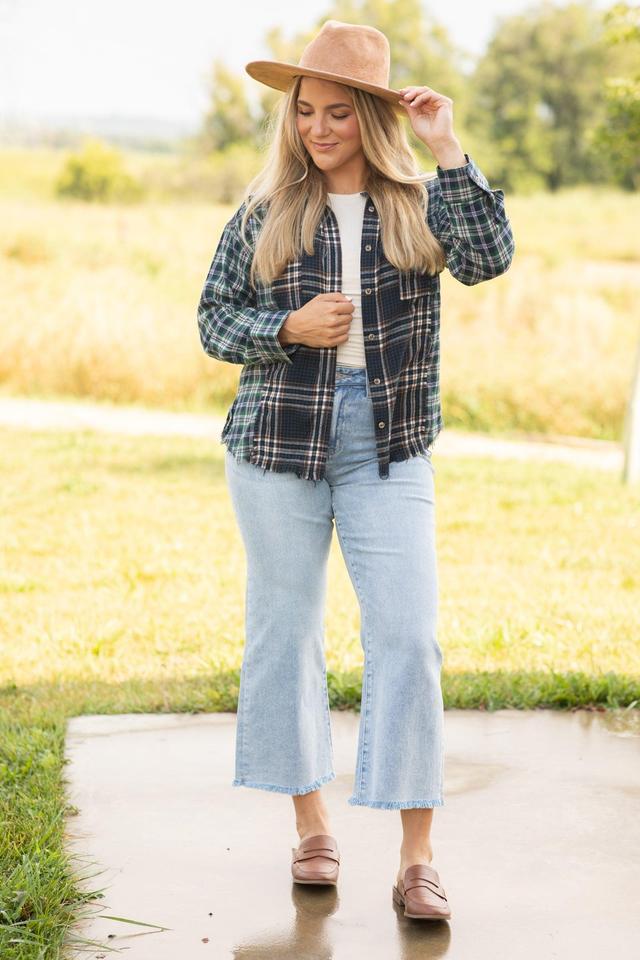 Navy and Teal Mixed Plaid Button Up Top Product Image