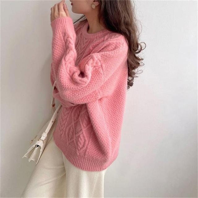 Crew Neck Plain Cable Knit Sweater Product Image