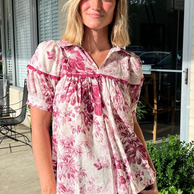 Sangria Floral V-Neck Collared Top Product Image