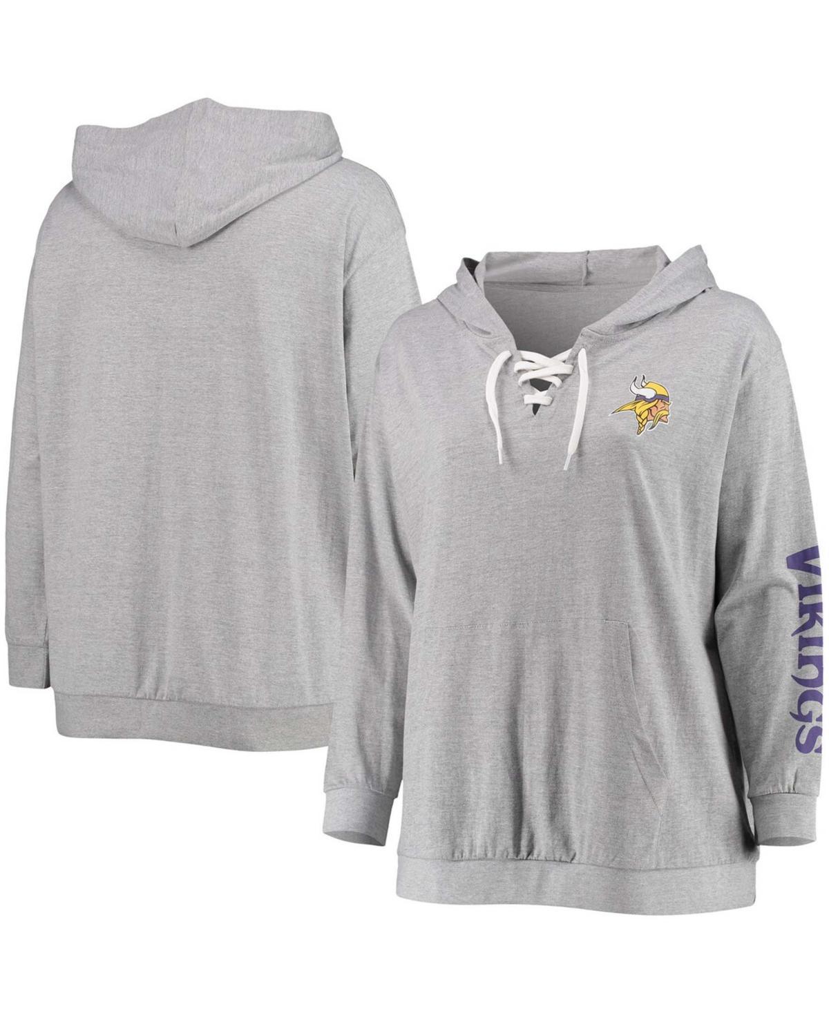 Womens Fanatics Branded Heathered Gray Minnesota Vikings Plus Size Lace-Up Pullover Hoodie Product Image