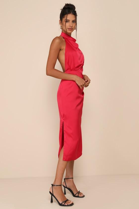 Gorgeous Season Bright Red Satin Backless Midi Dress Product Image