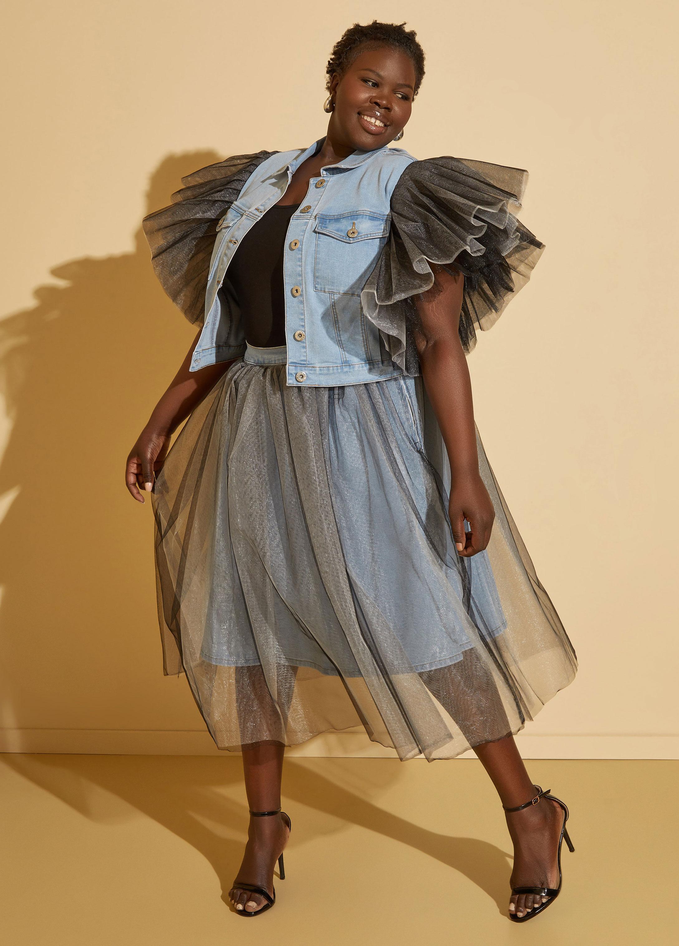 Plus Size Tulle Layered Midi Denim Skirt Ashley Stewart product image