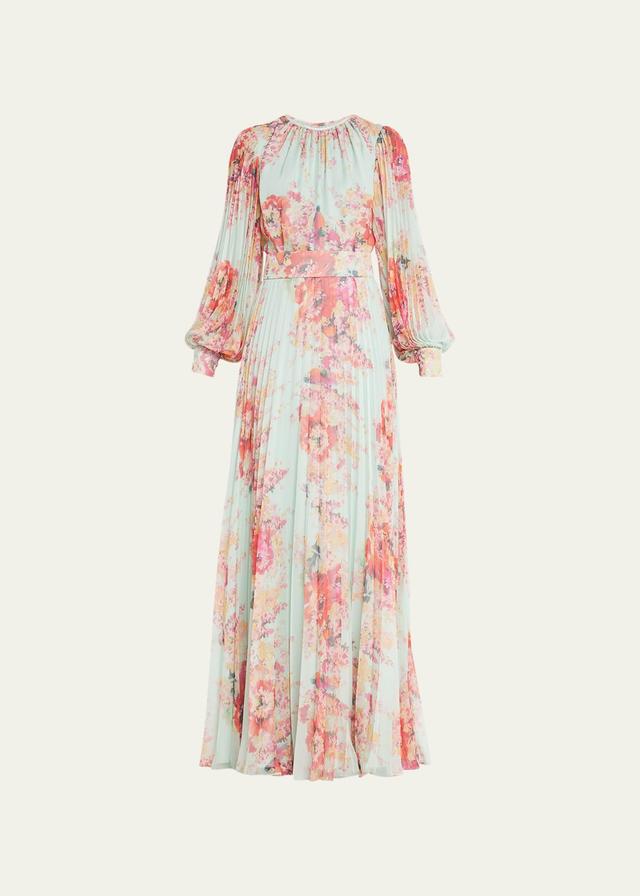 Womens Floral-Printed Pleated Gown Product Image