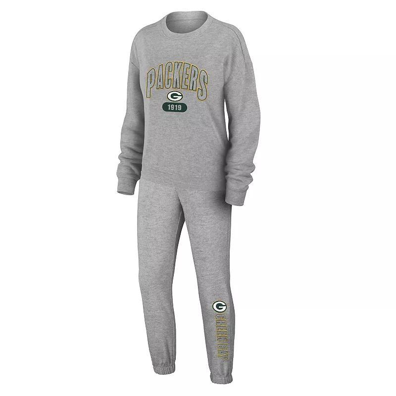 Womens WEAR by Erin Andrews Heather Gray Green Bay Packers Plus Size Knitted Tri-Blend Long Sleeve T-Shirt & Pants Lounge Set Product Image