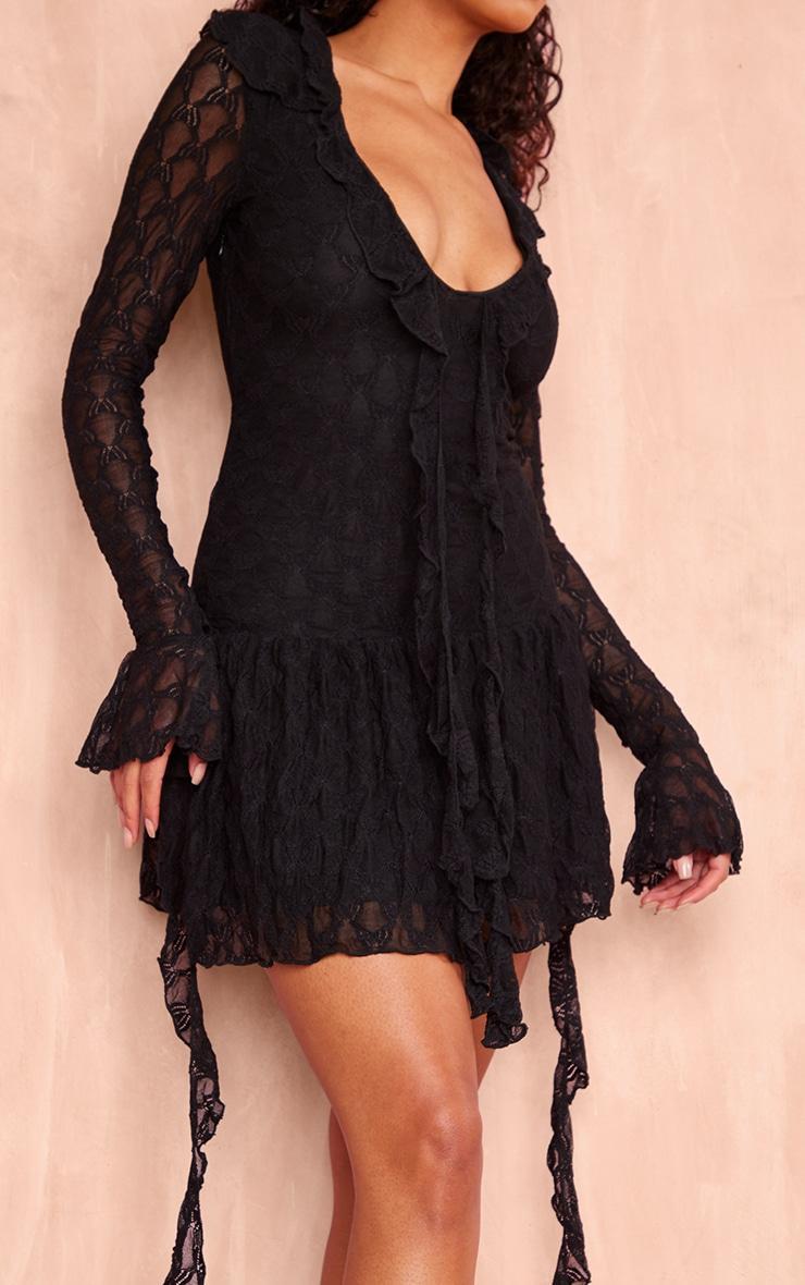 Black Textured Lace Up Frill Drape Shift Dress Product Image