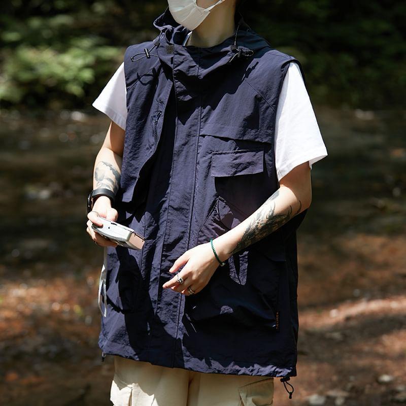 Plain Hooded Zip-Up Cargo Vest Product Image